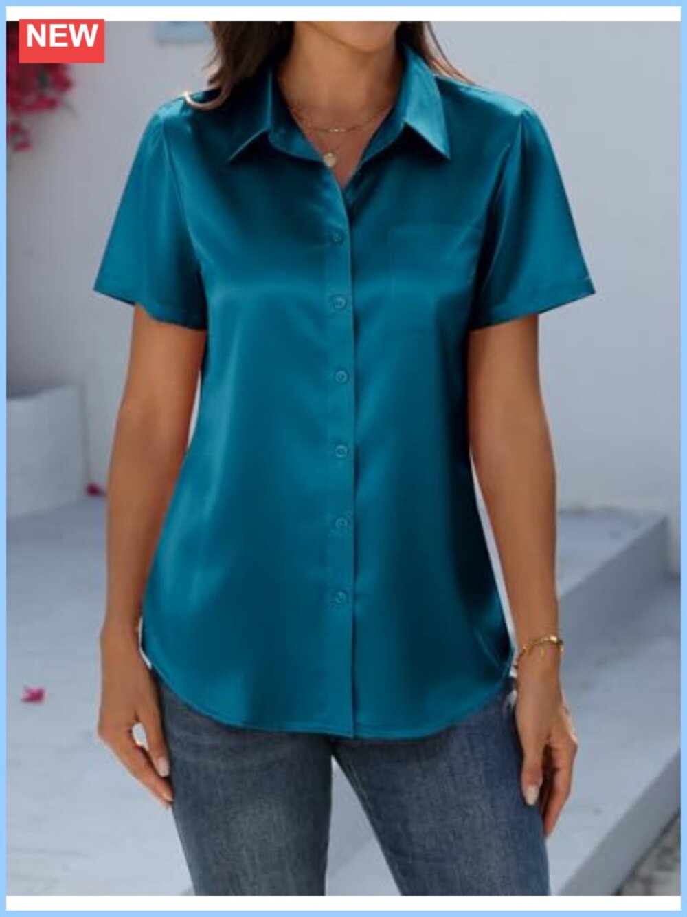 Satin Silk Button Down Short Sleeve Blouse Top for Women - Picture 4 of 6